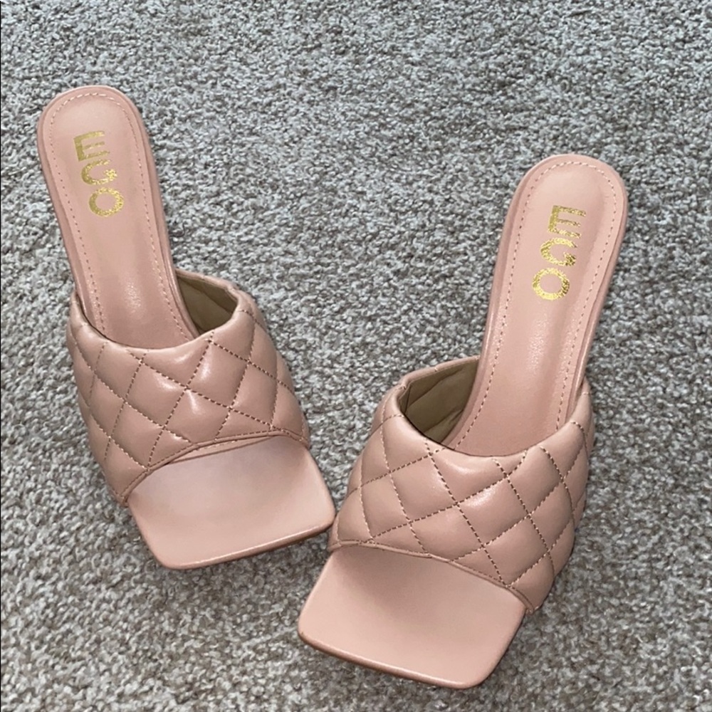 Square Toe Quilted Heel Mule Nude Faux leather